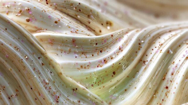 A transfixing tableau of gracefully curving rivulets rendered in vivid detail as the mayonnaise rolls slowly across the frame in macro magnificence.
