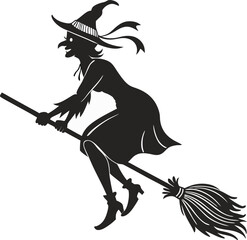 Silhouette of a Classic Witch Flying on a Broomstick Spooky Halloween Imagery and Traditional Symbol of Witchcraft and the Occult