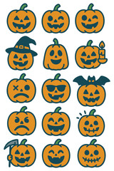 A collection of cheerful and spooky cartoon pumpkins, each with unique Halloween expressions and accessories.