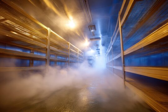 Industrial cold storage, fog filled aisle