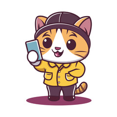 Adorable Cartoon Cat Taking a Selfie: Cute Feline Character in Winter Attire Holding a Smartphone for Social Media and Fun