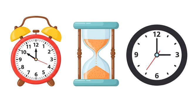 Illustration of three timekeeping devices alarm clock, hourglass, and clock