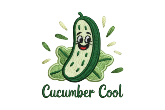 Happy cucumber with leaves and text cartoon smiling