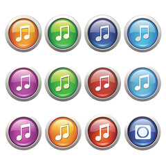 Fototapeta premium Colorful Music Note Buttons, A Set of 12 Glossy Icons for Websites and Apps