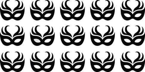Fifteen black venetian masks arranged in a neat grid pattern on a light gray background