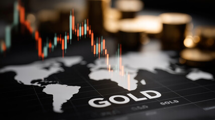 A global financial chart showing falling stock prices with the word 'GOLD' prominently displayed, and blurred stacks of gold coins in the background.
