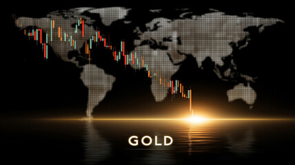 A global financial chart showing falling gold prices, with a world map and a glowing light reflecting on the dark surface.
