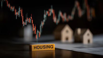 A financial chart showing a decline in housing market trends, with a wooden 'HOUSING' block and small house models in the foreground.