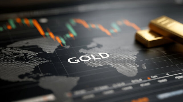 A global financial chart displaying a world map and falling stock prices, with gold bars resting on the chart and the word 'GOLD' in the foreground.