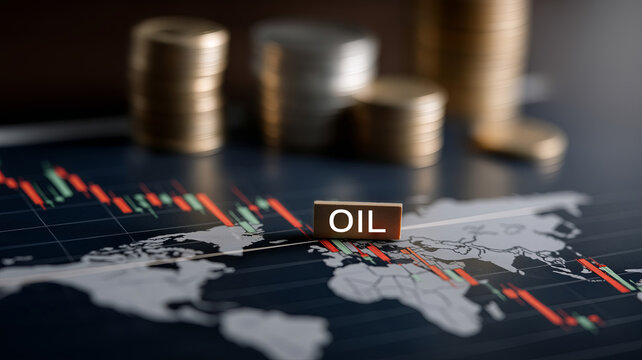 A global financial chart displaying falling oil prices, with a 'OIL' block and blurred stacks of coins on a world map. - Powered by Adobe