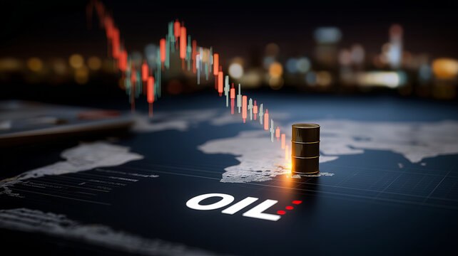 A global financial chart showing a decline in oil prices, with a barrel of oil on a world map against a backdrop of blurred city lights.