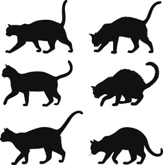 Silhouette Collection of Cats in Various Poses Depicting Feline Movement Agility and Grace in Simple Black and White Design