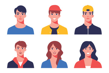 Diverse Avatar Set: Collection of six diverse flat-style avatars representing a variety of youthful individuals. Ideal for website design, app interfaces, and social media profiles.