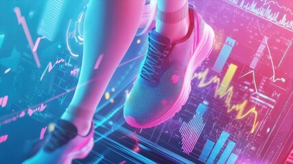 Futuristic runner's feet atop vibrant data stream - Powered by Adobe