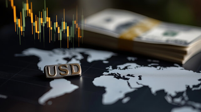 A global stock chart with an upward trend and the word 'USD', featuring a stack of hundred-dollar bills and a world map. - Powered by Adobe