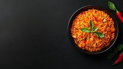 Flavorful spanish rice dish with chili peppers and basil garnish