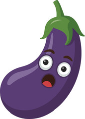 Surprised eggplant cartoon character with big eyes and open mouth. Transparent png vector