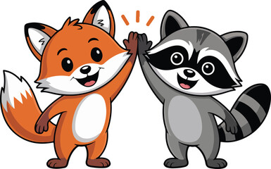 Obraz premium Cute fox and raccoon giving each other a high five. Transparent png vector