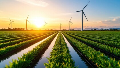 Wind turbines in a cultivated field at sunset