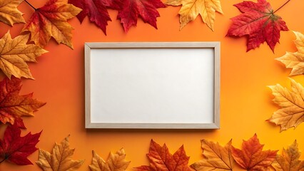 Autumnal Frame Mockup: Blank White Board Surrounded by Vibrant Red and Orange Maple Leaves on Warm Orange Background