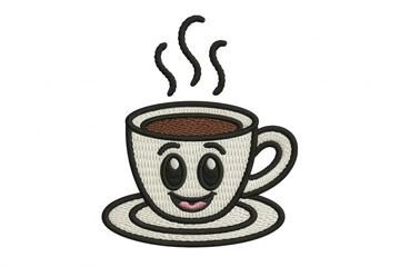 Happy steaming coffee cup with saucer happy face cartoon
