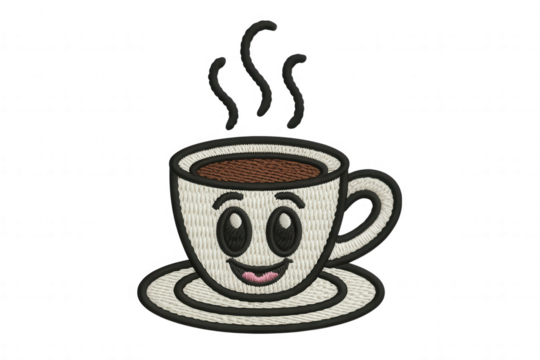 Happy steaming coffee cup with saucer happy face cartoon - Powered by Adobe