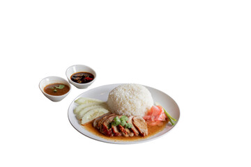 Roast Duck Rice Plate: A delectable plate of roast duck rice, featuring succulent slices of roasted duck served over fluffy white rice, garnished with fresh cucumber and pickled ginger.