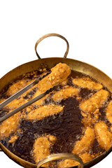 Golden Delights: A culinary close-up of delicious food being deep-fried in a golden pan, capturing the essence of culinary artistry. 
