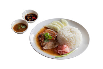 Delicious Roasted Duck Rice: A savory plate of roasted duck served with fluffy white rice, garnished with pickled ginger and cucumber slices.