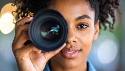 Young woman looking through a camera lens with a playful expression, close-up portrait.