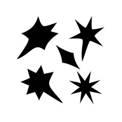 Illustration of four abstract starburst shapes and sparkles isolated on white isolated on transparent background