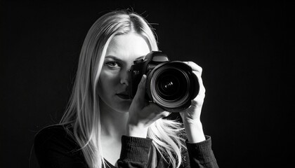 Blonde woman aiming DSLR camera at viewer