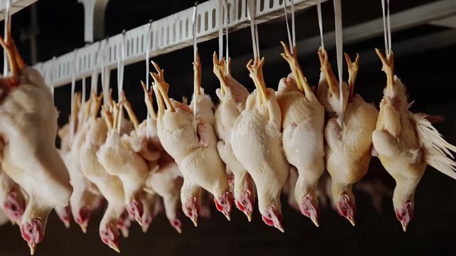 Chickens hanging on automated slaughter line &ndash; food industry process.