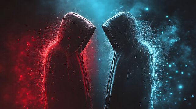 Two people wearing hoodies are standing next to each other in a dark room. The room is filled with red and blue lights, creating a moody atmosphere. The two people are looking at each other