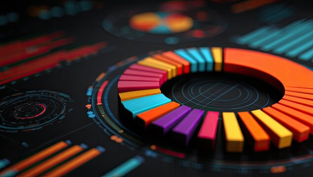 Circular data visualization with colorful segments on a dark digital display - Powered by Adobe