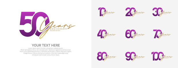 Anniversary logo set vector design, purple and gold color for celebration event