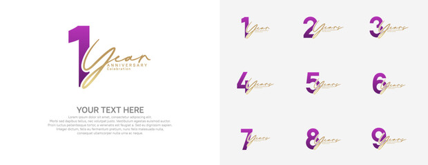 Anniversary logo set vector design, purple and gold color for celebration event