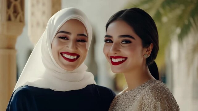Two friendly Middle Eastern women smiling at camera