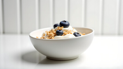 Bowl of Granola and Blueberries in Bright White Setting
