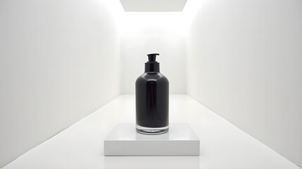 Black Dispenser Bottle in Symmetrical White Hallway
