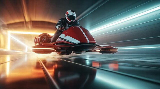 Futuristic red and white hovercraft in dynamic indoor tunnel high speed vehicle advanced transportation technology innovation in motion
