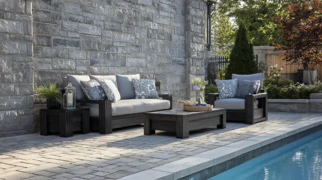A tranquil outdoor lounge is highlighted by an intricate layout of interlocking stone blocks that form the flooring while a dramatic stone wall serves as a backdrop. The walls vertical
