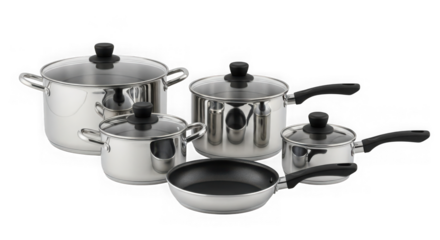 Stainless steel cookware set pots and pans isolated on transparent background