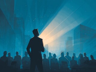 Startup Pitch: Confident Speaker Inspiring Audience in a Modern Cityscape