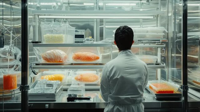 Scientist inspecting salmon in a sterile lab environment