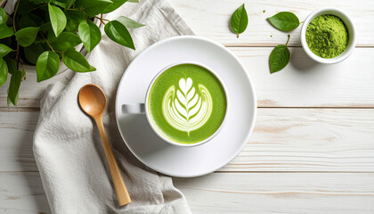 Aromatic matcha latte art in a white cup, accompanied by matcha powder and fresh green tea leaves.