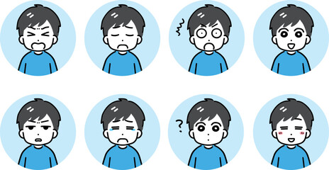 若い男性のいろんな表情の丸いアイコンのセット(上半身)	