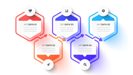 Business Infographic Presentation with Hexagon Line, 5 Options, Circle Label and Icon for Workflow, Presentation