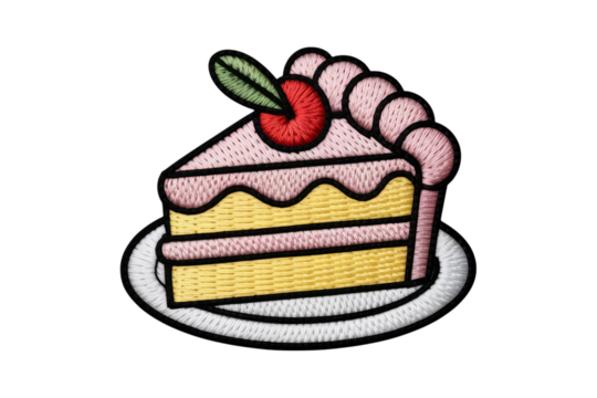 Pink frosted cake slice with cherry and leaf dessert