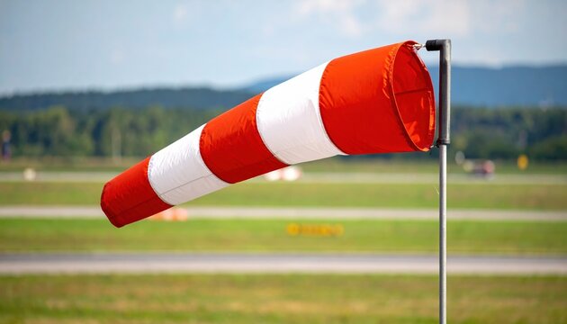 Red and white striped windsock extended by wind on an airport airfield Green grass runways and blue sky visible